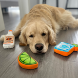 Golden Retriever sleeping next to Tito's Bottle Toy, Tito's Puptail toy, and Tito's Squeeze lime toy