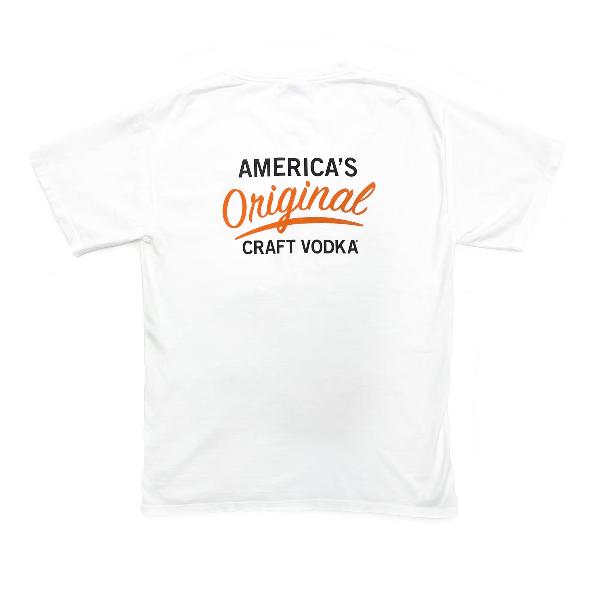 Back of white short-sleeved t-shirt with America's Original Craft Vodka mark
