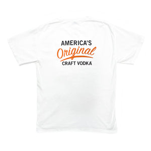 Back of white short-sleeved t-shirt with America's Original Craft Vodka mark