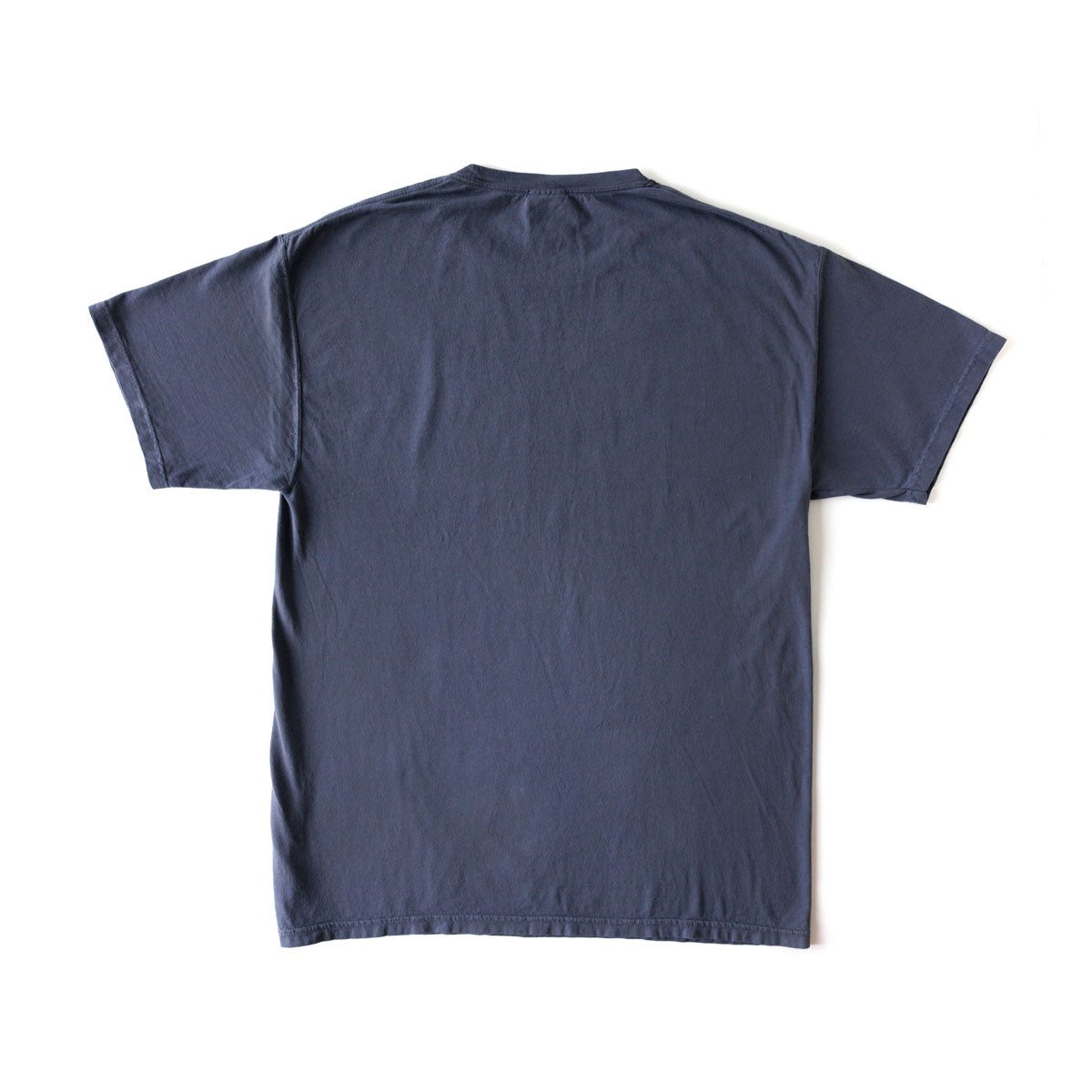 Back view of slate blue short-sleeved t-shirt