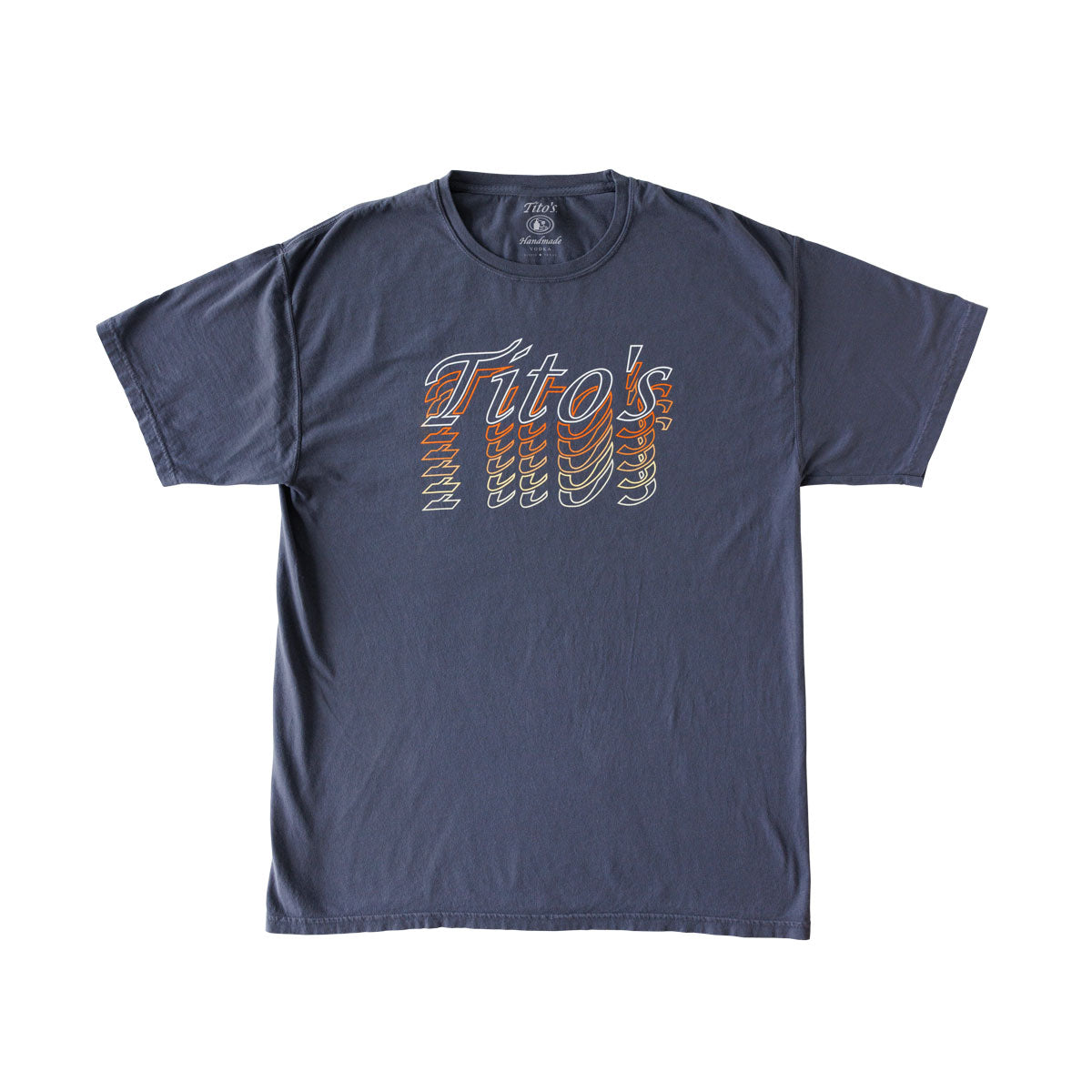 Slate blue short-sleeved t-shirt with gradient Tito's wordmark