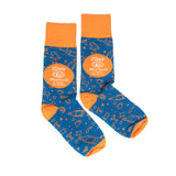 Blue and orange socks with Tito's Handmade Vodka logo and cocktail designs