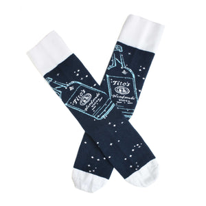 Navy half-calf socks with Tito's bottle graphic and logo