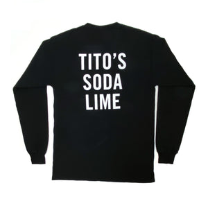 Back view of black long-sleeved t-shirt with Tito's Soda Lime
