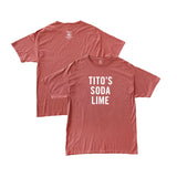 Rust colored t-shirt with Tito's Soda Lime white text on the front and small Tito's Handmade Vodka logo on the back