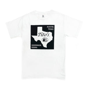 Front of white short-sleeve t-shirt featuring Texas state road sign design with Tito's Handmade Vodka mark