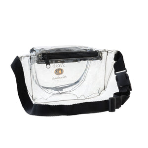 Back of Tito's Crystal Clear Fanny Pack with black waist strap and zipper pocket