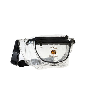 Front of Tito's Crystal Clear Fanny Pack with Tito's logo, zipper pockets, and black waist strap