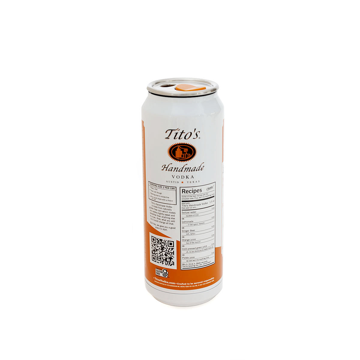 Back of orange and white stainless steel Tito's in a Can* tumbler with Tito's logo, recipe suggestions, and QR code