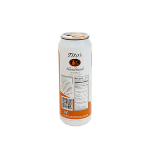 Back of orange and white stainless steel Tito's in a Can* tumbler with Tito's logo, recipe suggestions, and QR code