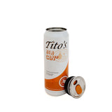 Orange and white stainless steel can tumbler with Tito's in a Can* wordmark, potstill emblem, and removable lid