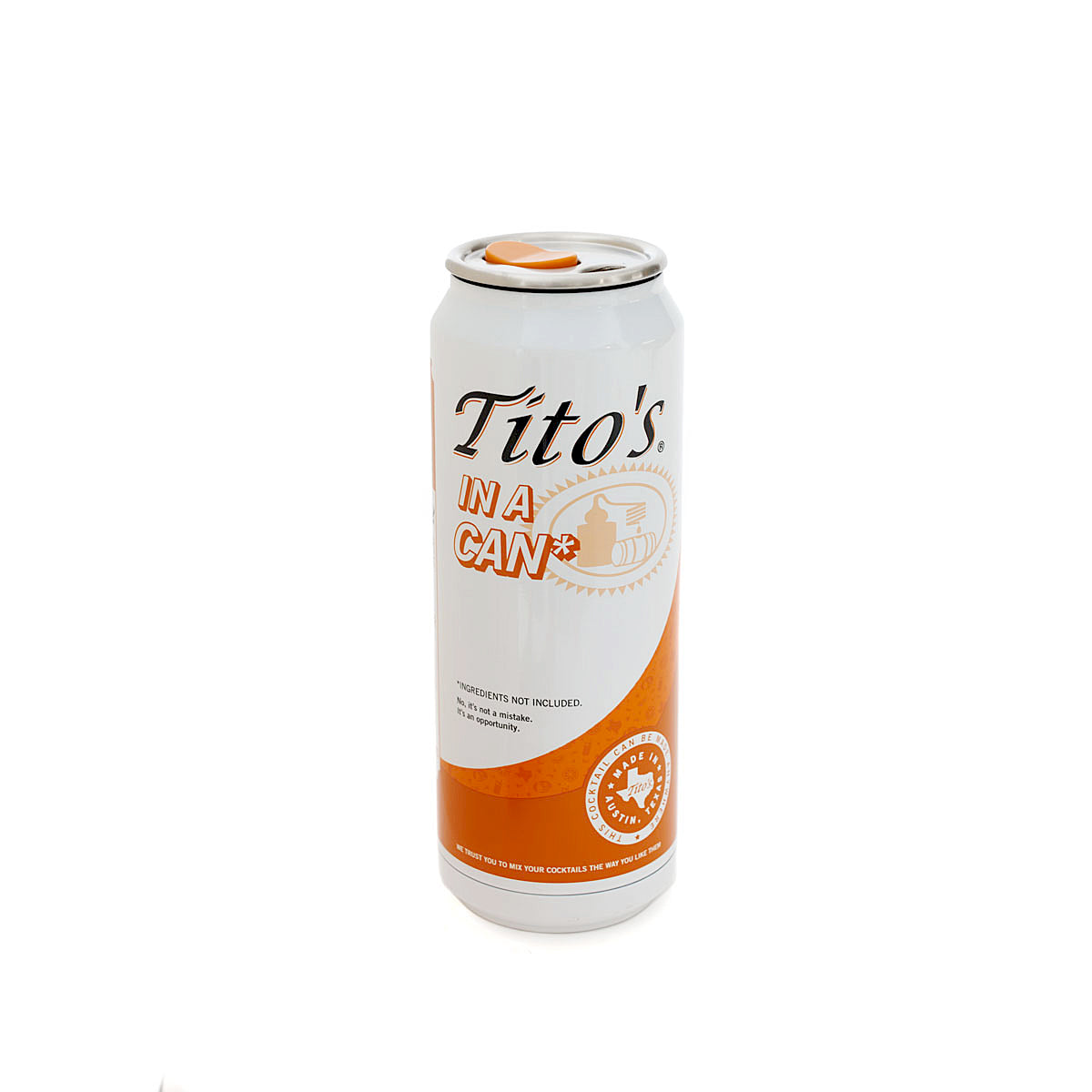 Orange and white stainless steel can tumbler with Tito's in a Can* wordmark. potstill emblem, and removable lid