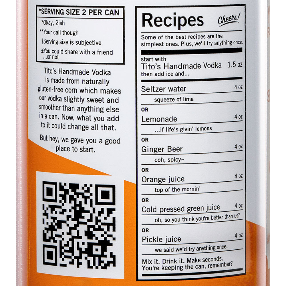 Close-up of back of orange and white stainless steel Tito's in a Can* tumbler label and QR code