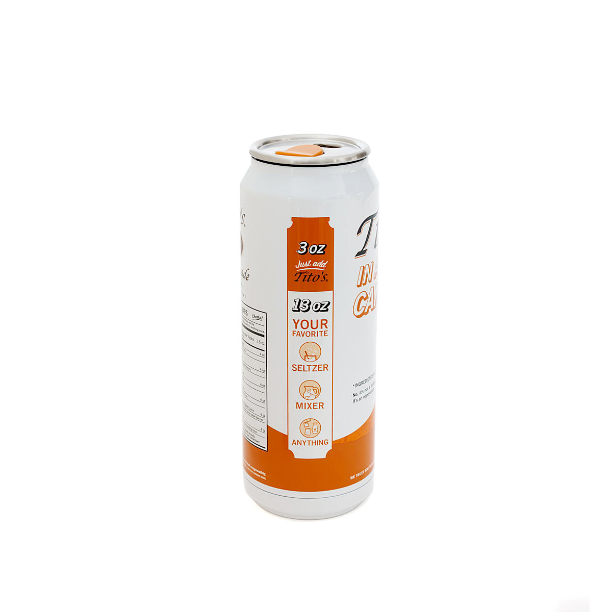 Side of orange and white stainless steel Tito's in a Can* tumbler with serving suggestion