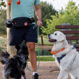 Man wearing Tito's Walk-Pack with two dogs at the park