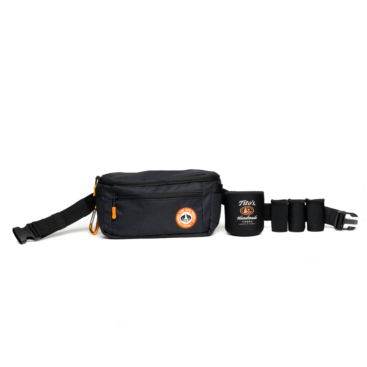 Black adjustable zippered utility belt bag with carabiner, Vodka for Dog People logo, pocket with Tito's Handmade Vodka logo, 3 50ml bottle pockets