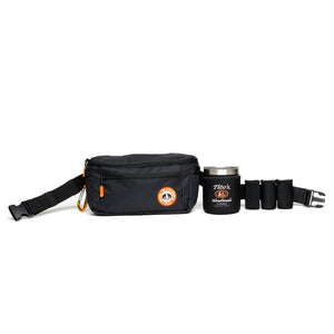 Black adjustable zippered utility belt bag with carabiner, Vodka for Dog People logo, pocket with Tito's Handmade Vodka logo, 3 50ml bottle pockets