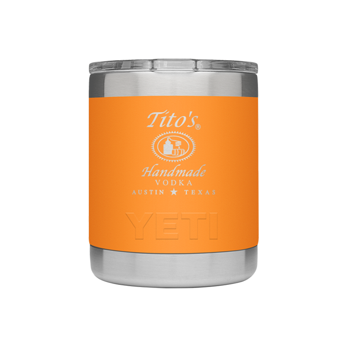 Orange YETI Rambler® Lowball with Tito's Handmade Vodka logo with lid