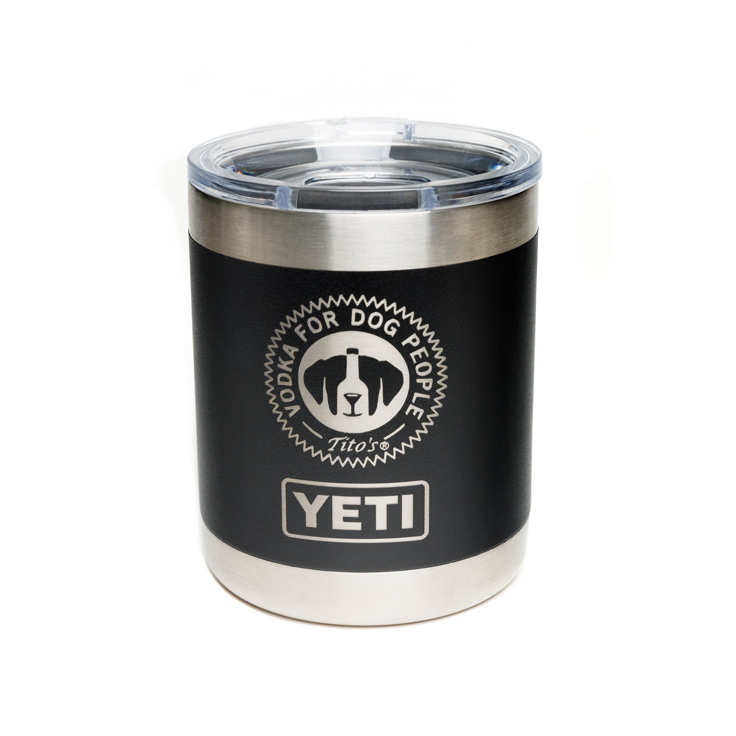 Black YETI Rambler® Lowball with Vodka for Dog People logo with lid 