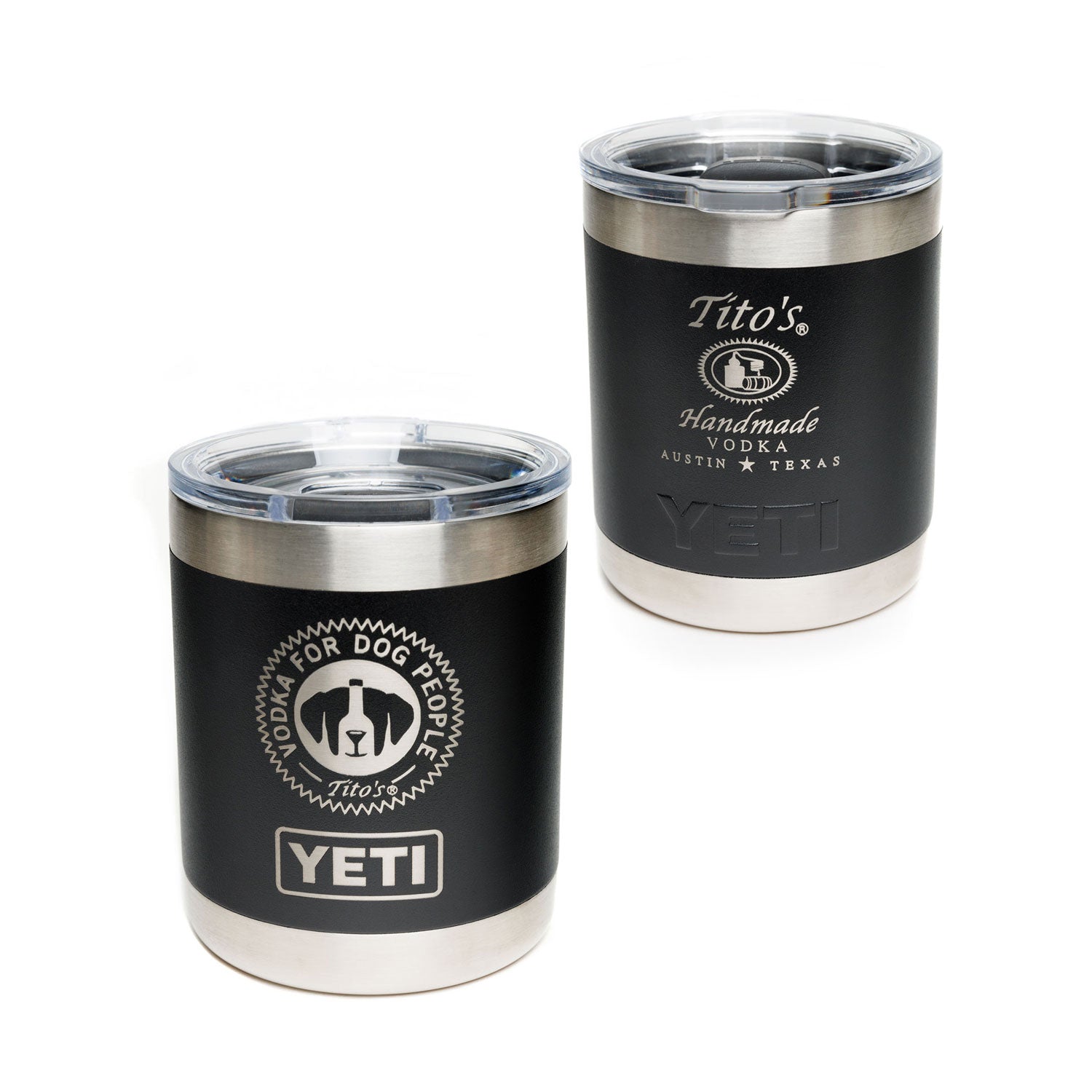 Front and back view of black YETI Rambler® Lowball with Vodka for Dog People logo and Tito's Handmade Vodka logo and lid 