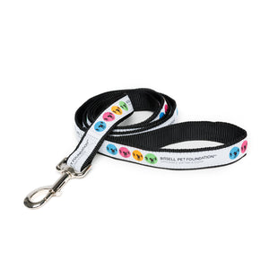 Black and white dog leash with BISSELL Pet Foundation logo in green, blue, pink, and orange.