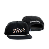 Black snapback with Tito's embroidered on front panel and William Murray embroidered on back