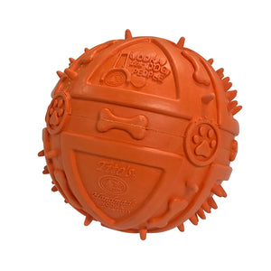 Orange rubber ball with Tito's Handmade Vodka logo, Vodka for Dog People logo, and paw print and dog bone designs
