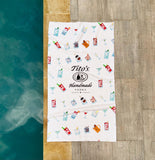 White towel next to a pool with Tito's Handmade Vodka logo and assorted cocktail illustrations