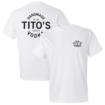 Front and back of white short-sleeved t-shirt with Tito's Handmade Vodka design