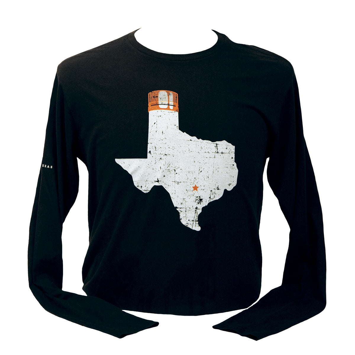 Black long sleeve with large Texas state image, star on Austin's location, and Tito's Copper top on panhandle on front