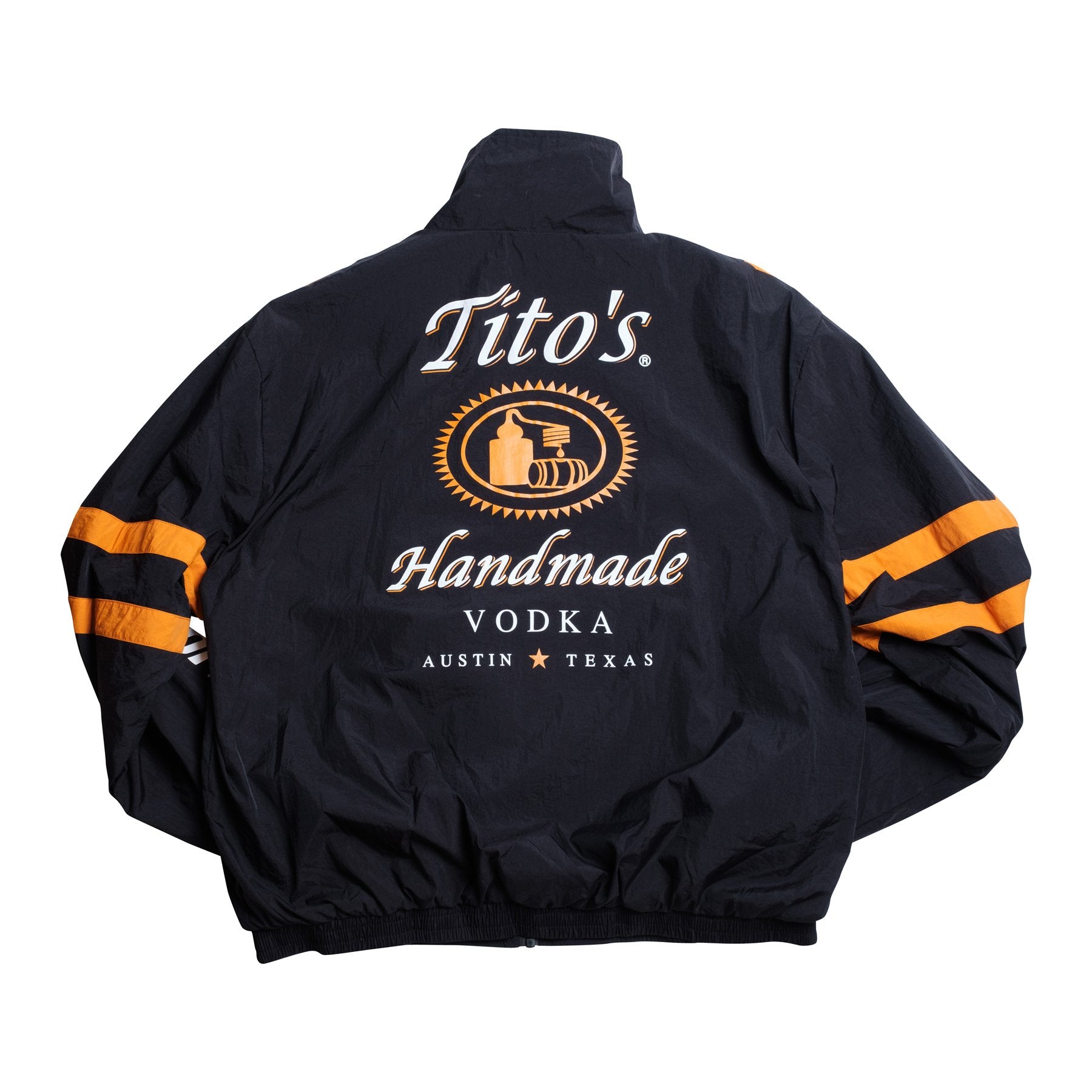Back of black track jacket with Tito's Handmade Vodka logo