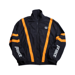 Front of black track jacket with orange stripes, pot still design on chest, prince logos on sleeves