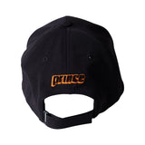 Back of black adjustable hat with Prince embroidered  in orange