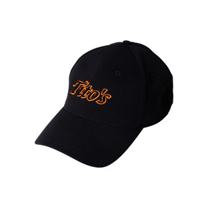 Front of black adjustable hat with Tito's embroidered in orange