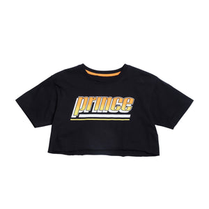 Front of black crop top with prince logo in orange, yellow, and white fade