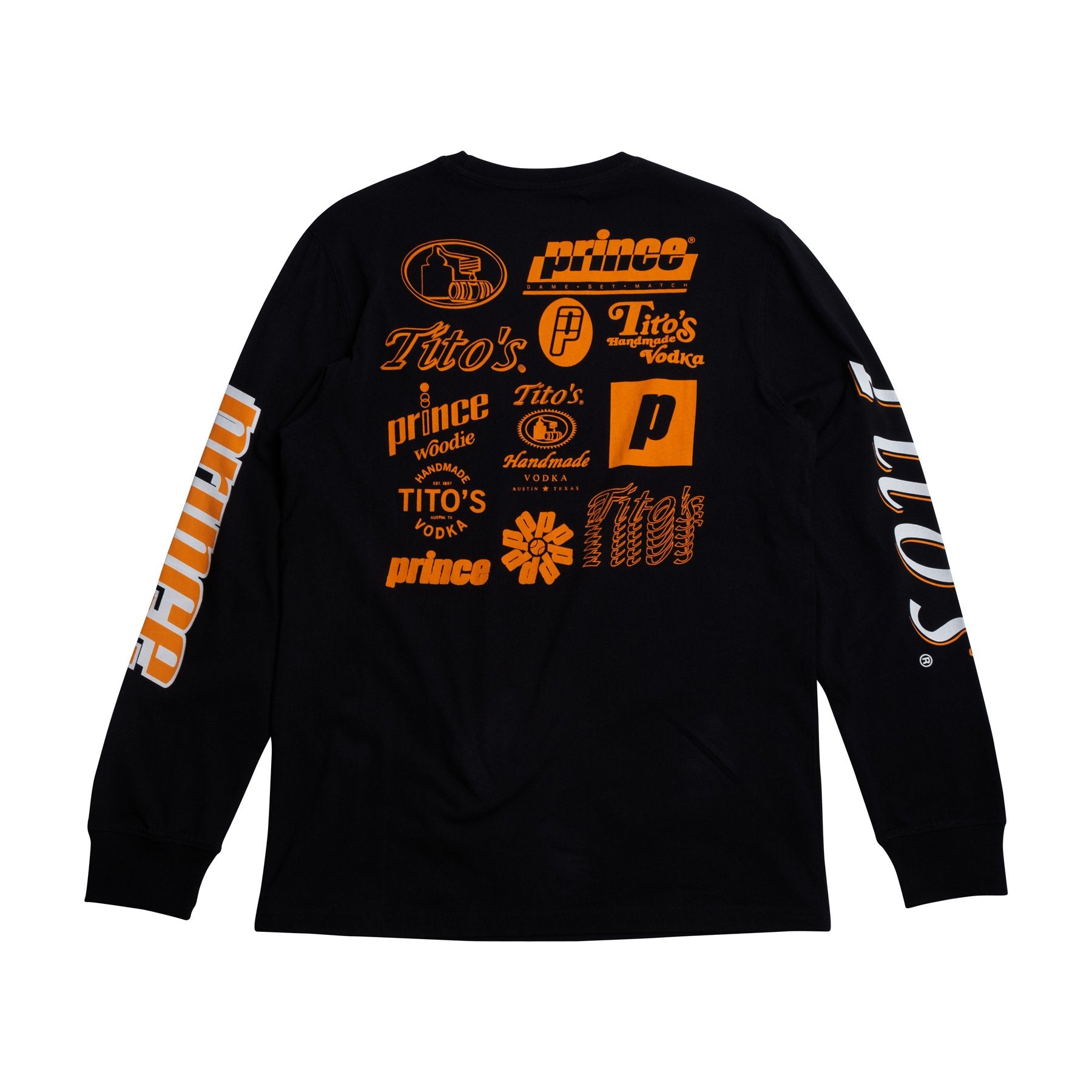 Back of black long sleeve with prince and tito's logos in orange
