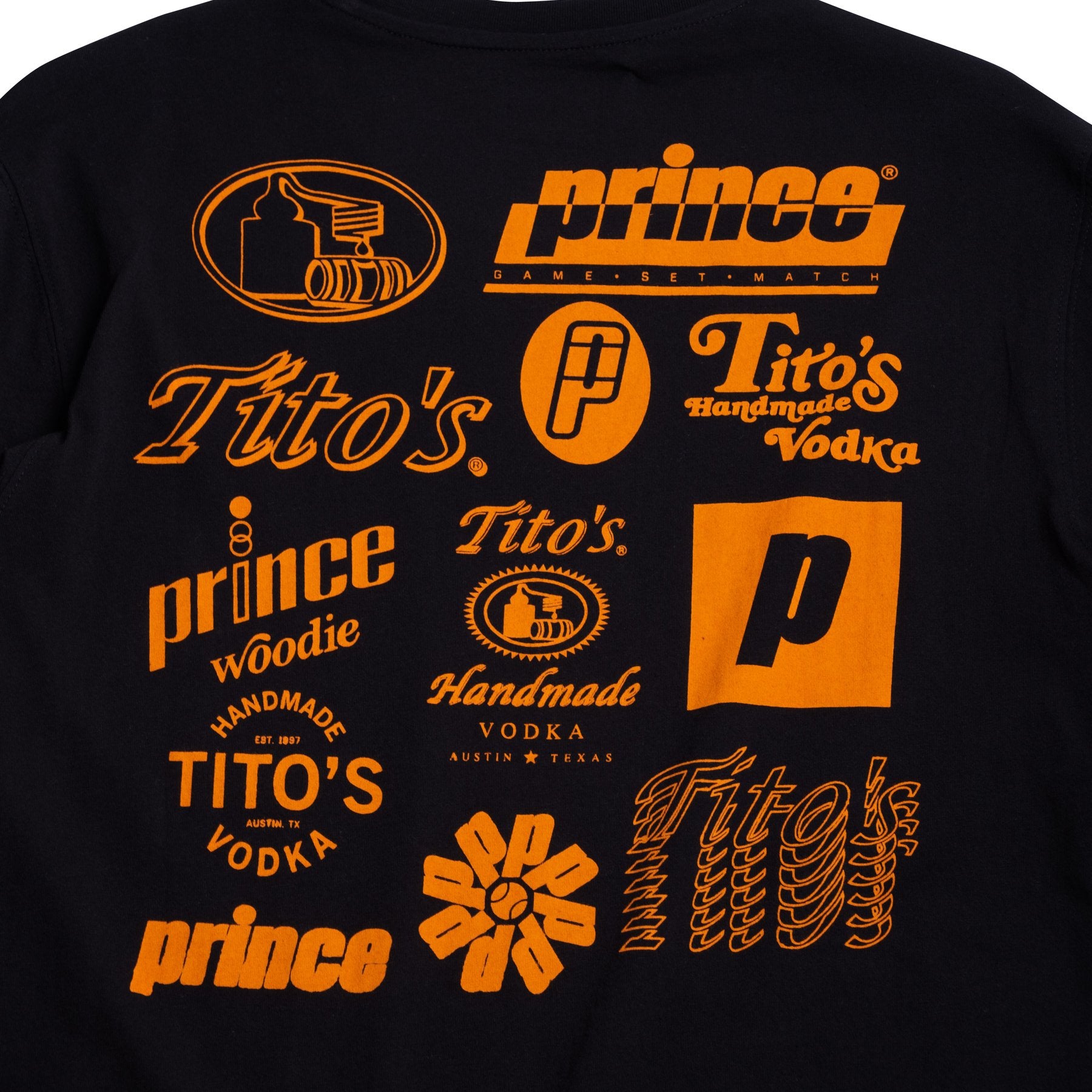 Tito's and prince logos on back in orange