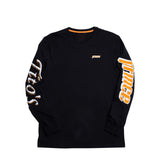 Front of black long sleeve with prince logo on left chest in orange, prince logo on left sleeve, and tito's logo on right sleeve
