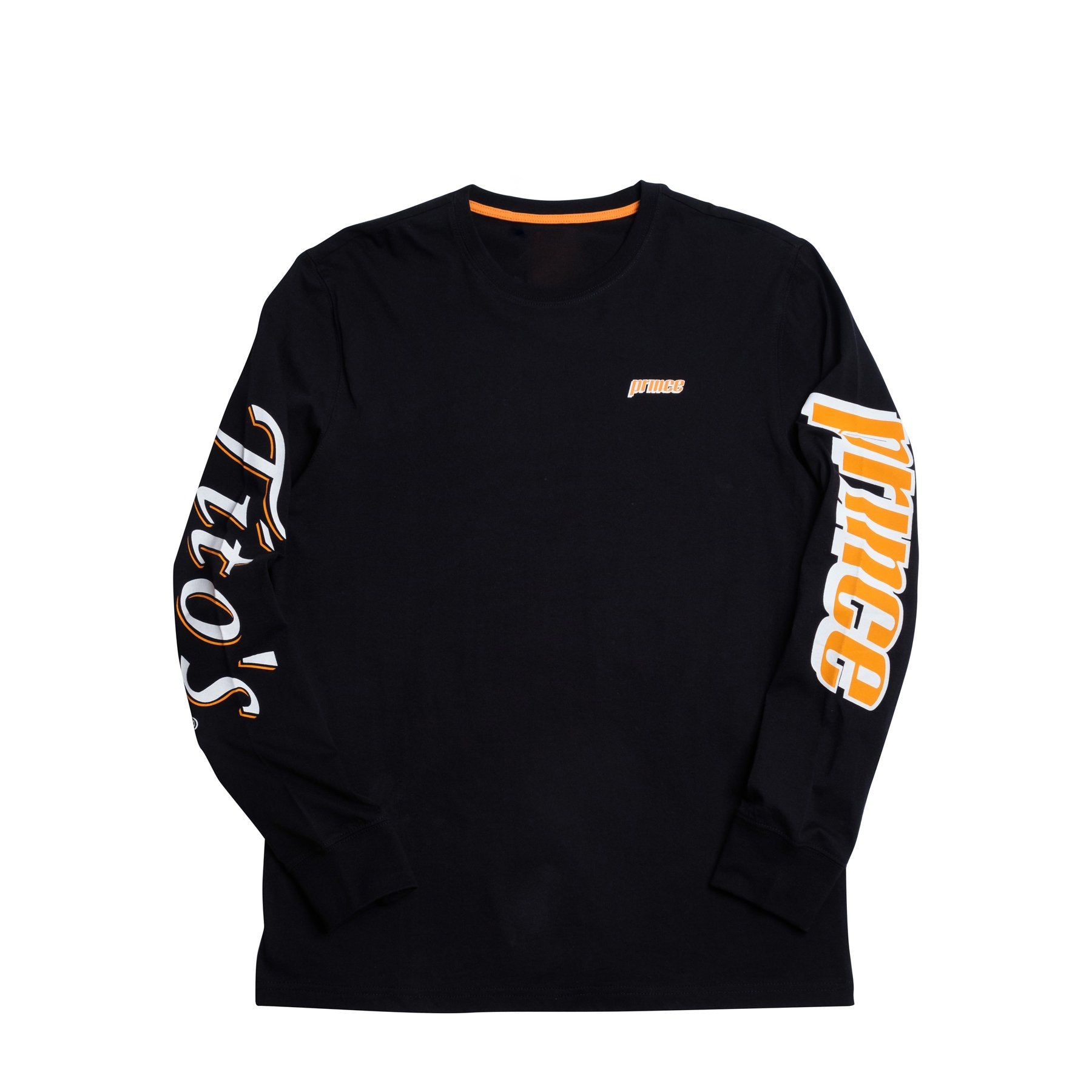 Front of black long sleeve with prince logo on left chest in orange, prince logo on left sleeve, and tito's logo on right sleeve