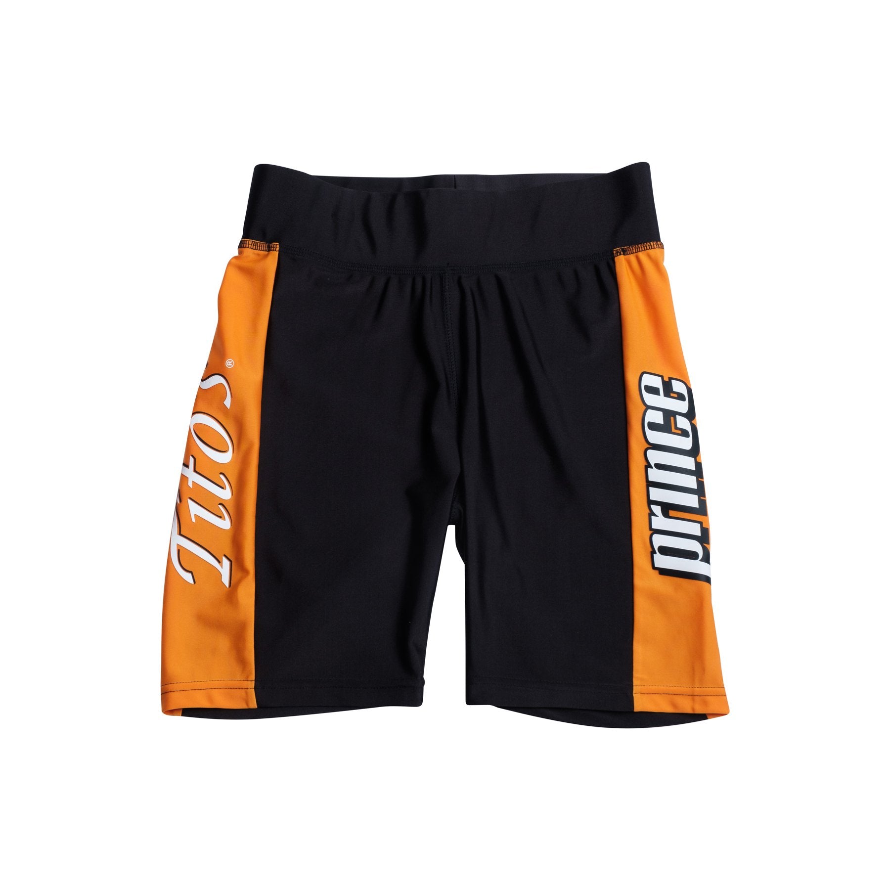 Front of black shorts with orange panels on both legs, Tito's on right leg, prince on left leg