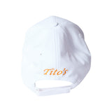 Back of white hat with Tito's embroidered in orange