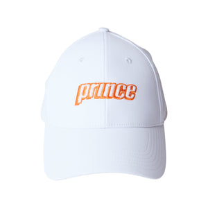 Front of white hat with prince embroidered in orange
