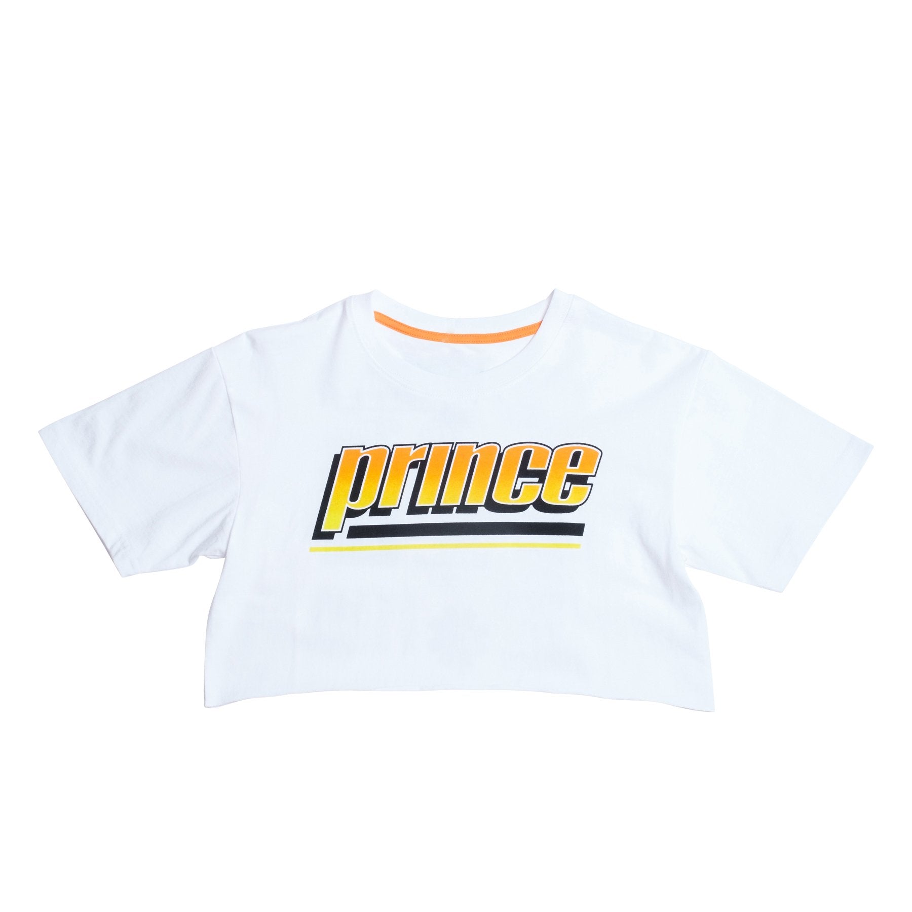 Front of white crop top with prince logo in orange, yellow, and white fade