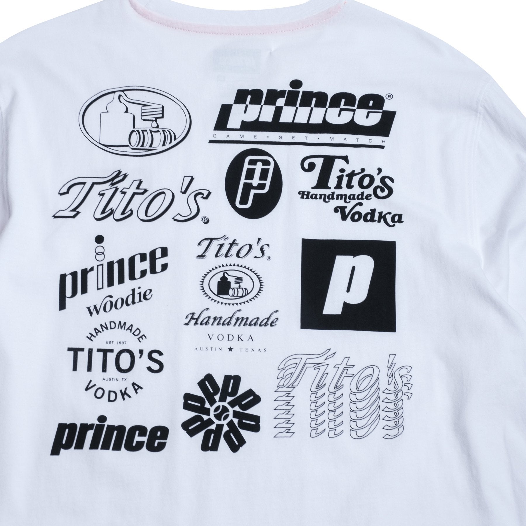 Back of white long sleeve with Prince and Tito's logos in black