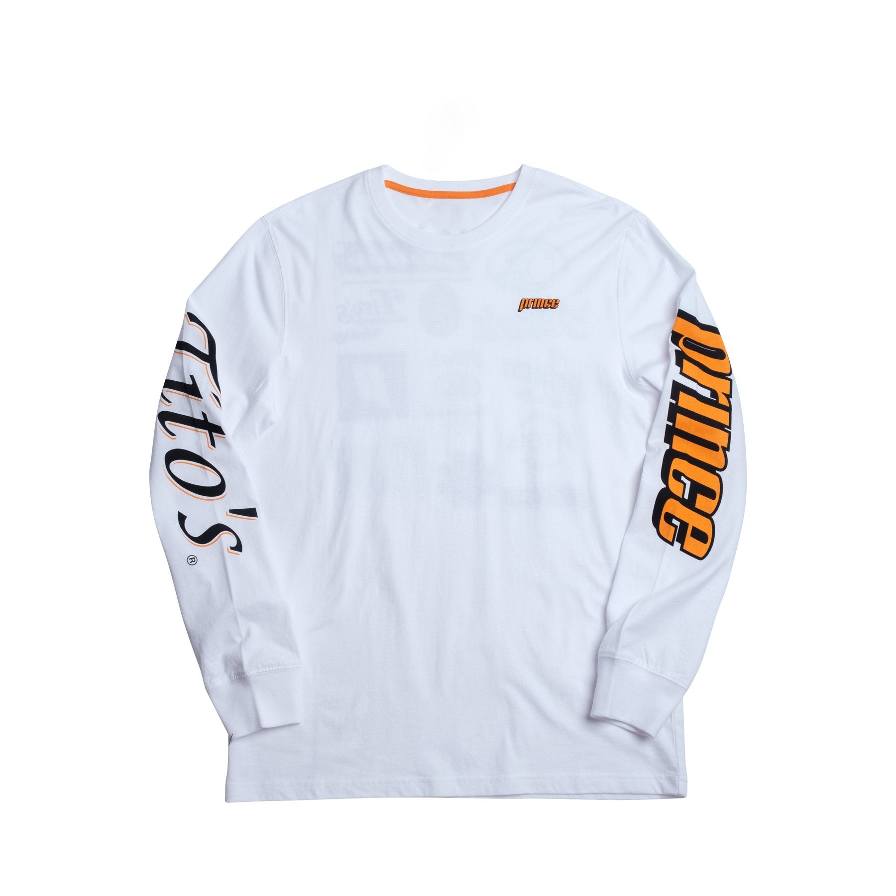 White long sleeve with prince logo on left chest in orange, prince logo on left sleeve in orange, and tito's logo on right sleeve in black
