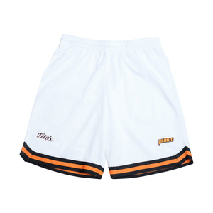 Front view of white shorts with black and orange trim on the bottom, Tito's logo on right leg and Prince logo on left leg