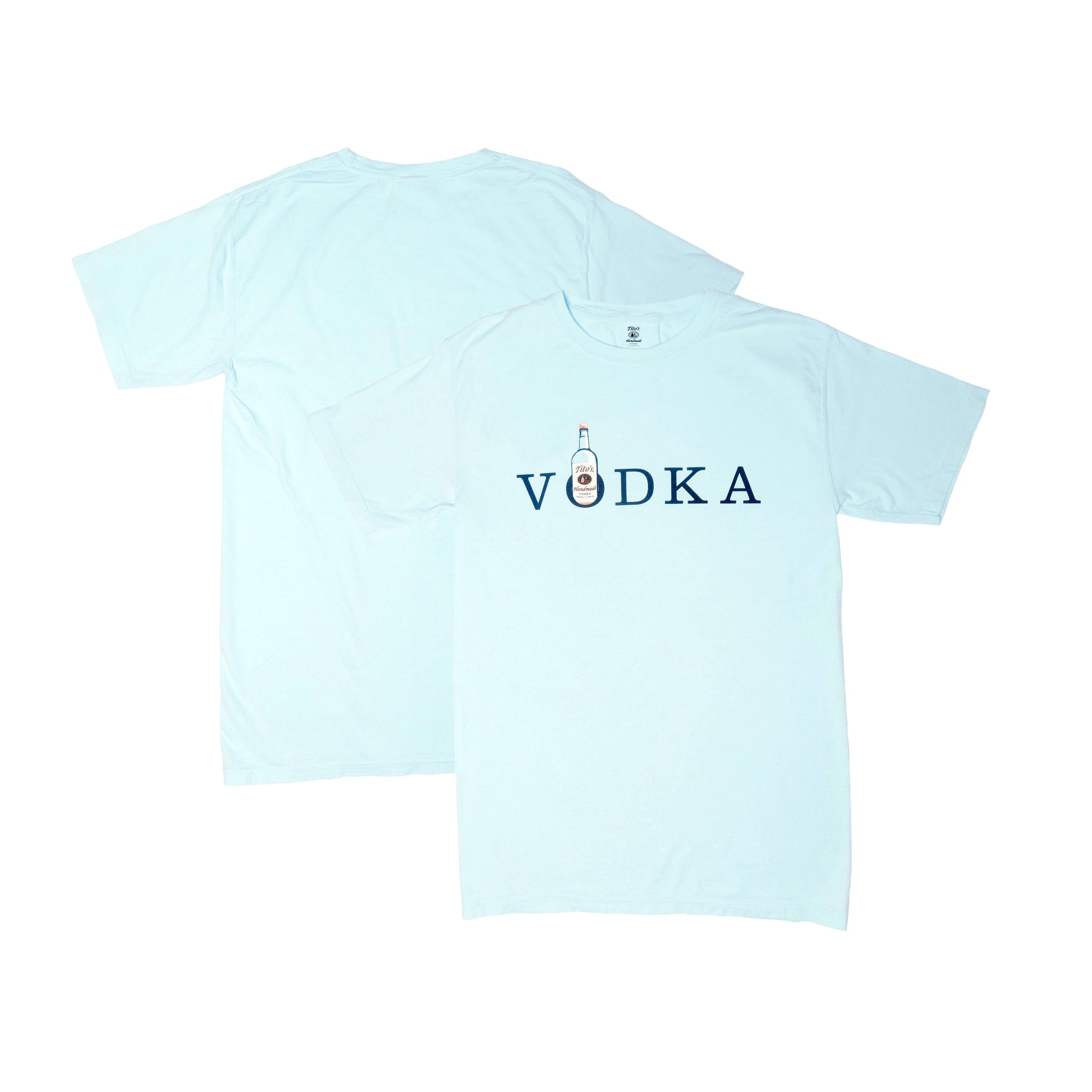 Front and back of light blue short-sleeved t-shirt with VODKA on the front with a Tito's bottle inside the letter O