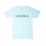 Front of light blue short-sleeved t-shirt with VODKA on the front with a Tito's bottle inside the letter O