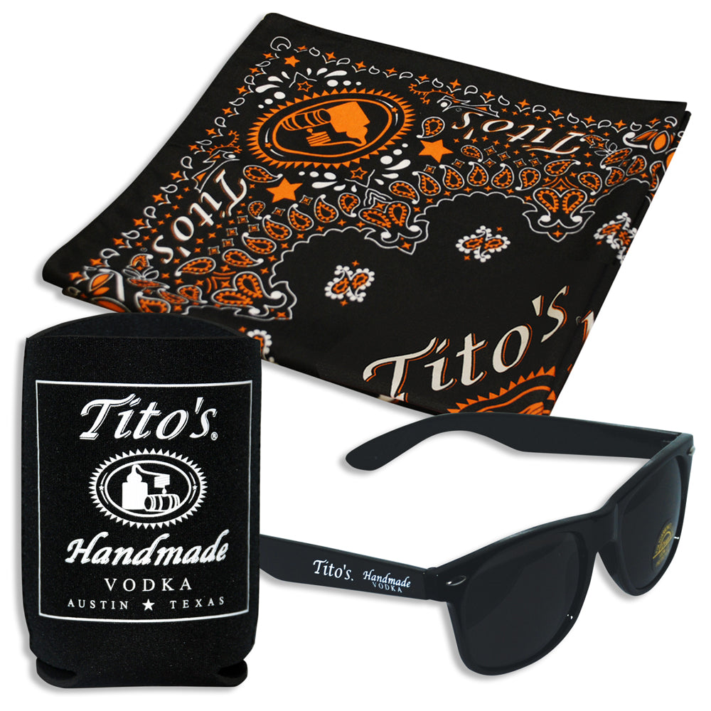 Black Tito's sunglasses, black and orange Tito's bandanas, black Tito's koozies (4 of each)