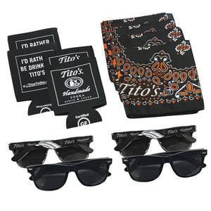 4 black Tito's sunglasses, 4 black "I'd Rather Be Drinking Tito's" koozies, 4 black and orange Tito's bandanas